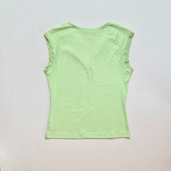 2000s Y2K Green Lace Trim Cap Sleeve Fairy Grunge Cyber Goth Tee 100% Cotton M - Picture 2 of 6